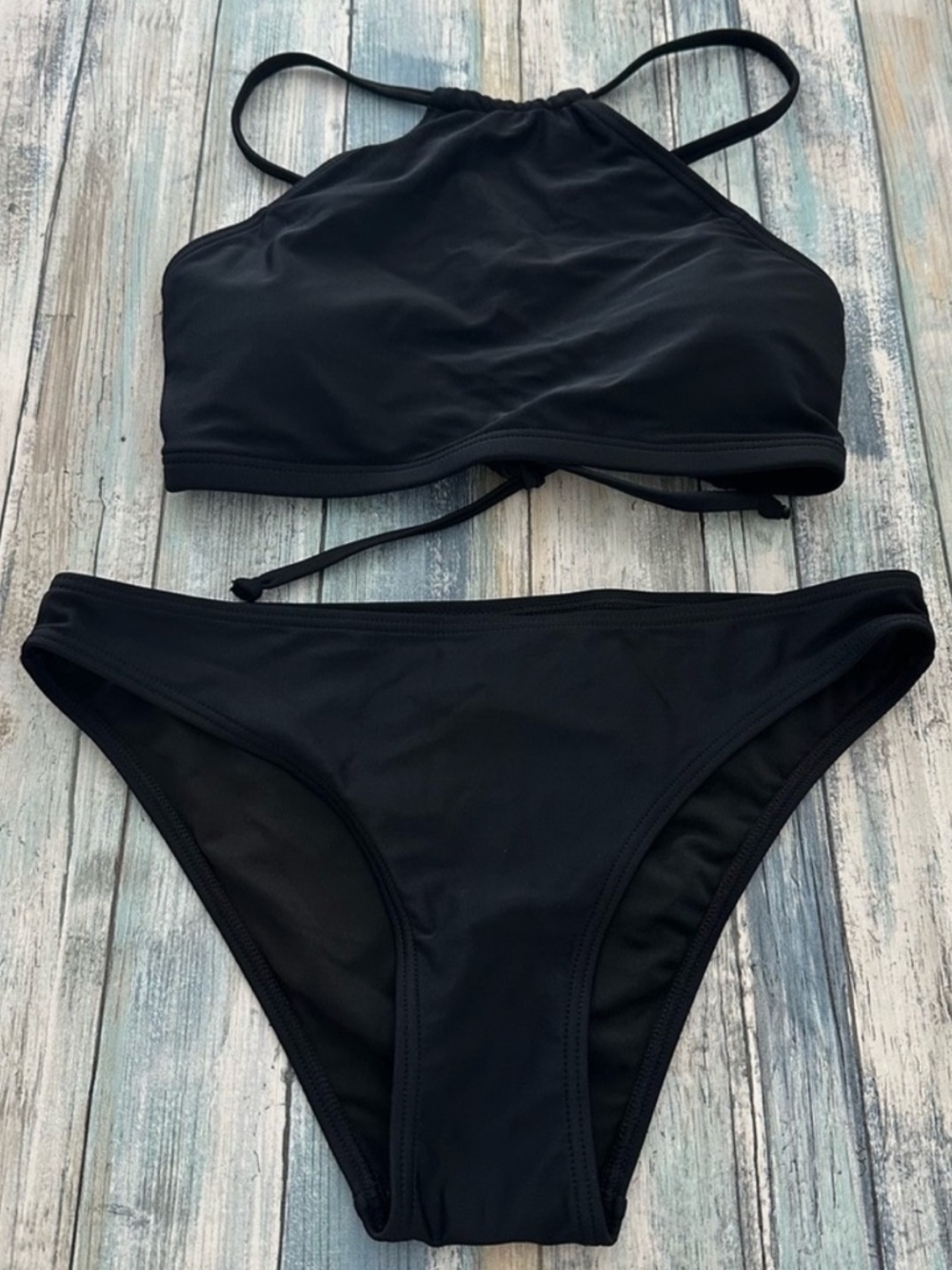 Charmo Two Piece Bikini Set Women's SMALL Halter High Neck Cross Back BLACK New